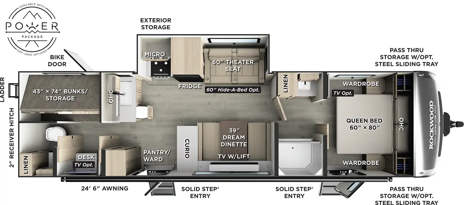 The Rockwood Ultra Lite Travel Trailers 2918BH floorplan has two entries and one slide out. Exterior features include: fiberglass exterior and 24'6" awning. Interiors features include: bunk beds, front bedroom, pass through bathroom and bathroom and a half.